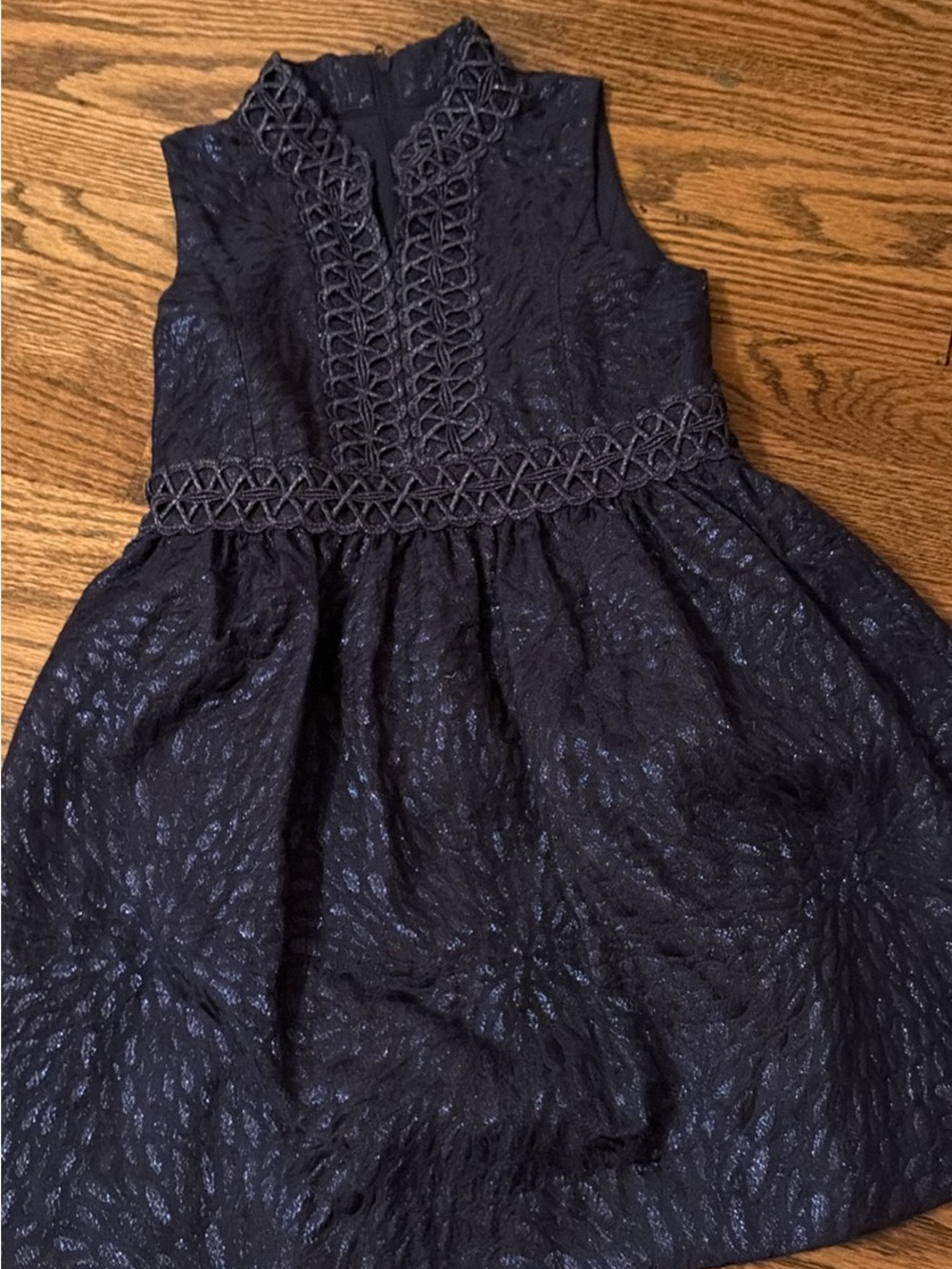 Lilly Pulitzer Navy Textured Sleeveless Dress with Braided Trim&silver cardigan